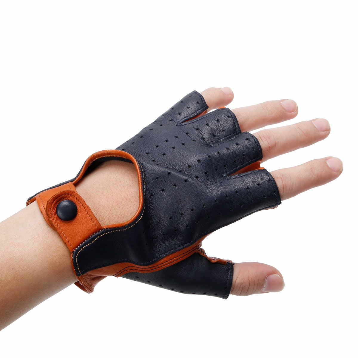 Motorimoda｜ビコローレ ドライビンググロ｜ハーフ｜ブルー×キャメル｜モデル着用