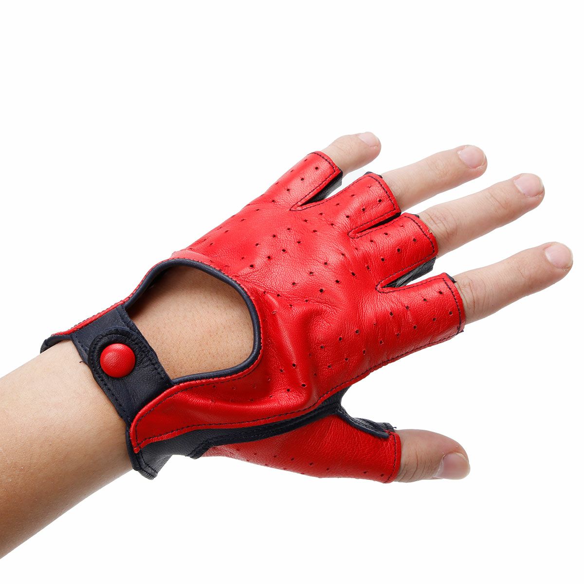 Motorimoda｜ビコローレ ドライビンググローブ｜ハーフ｜レッド×ネイビー｜モデル着用