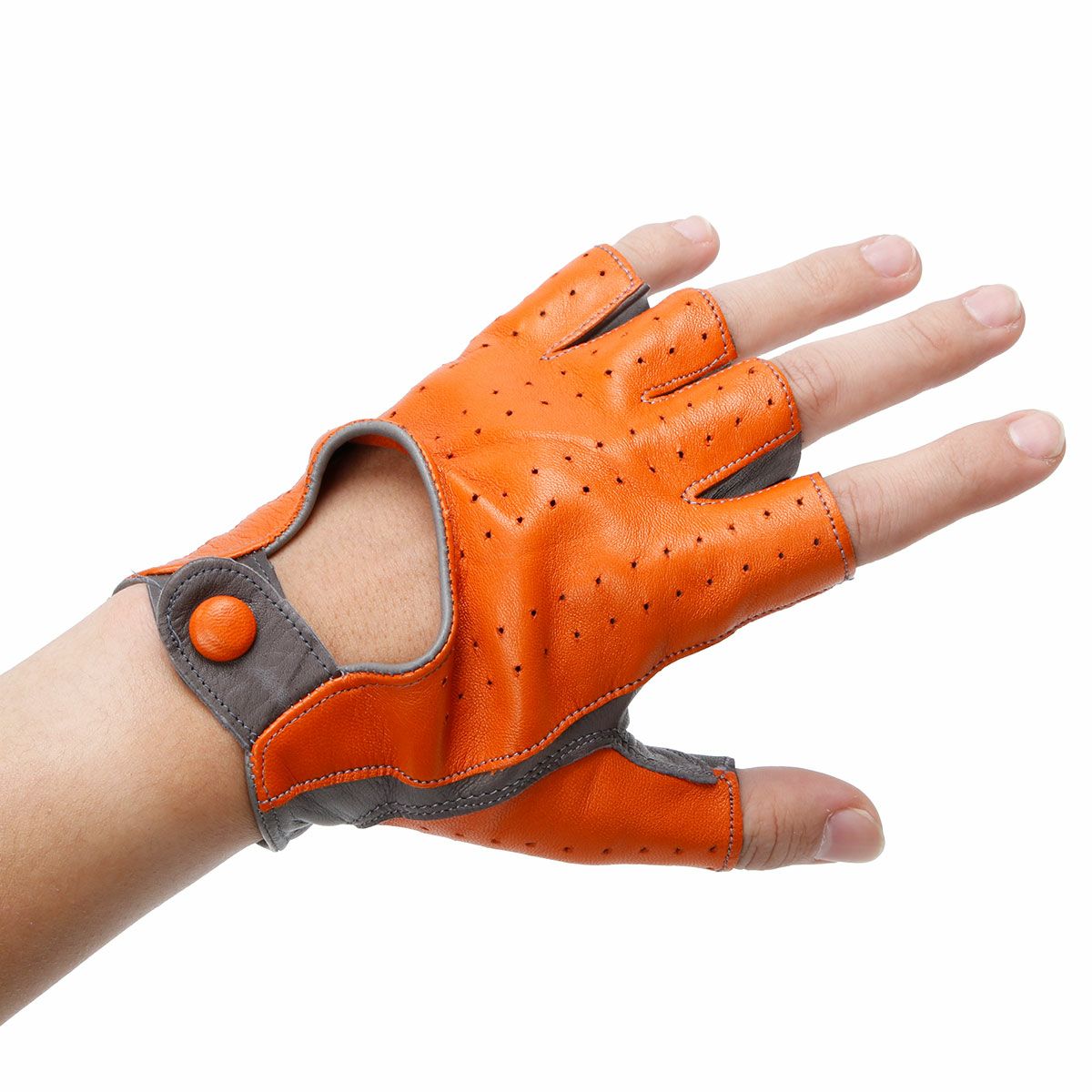 Motorimoda｜ビコローレ ドライビンググローブ｜ハーフ｜オレンジ×チャコールグレー｜モデル着用