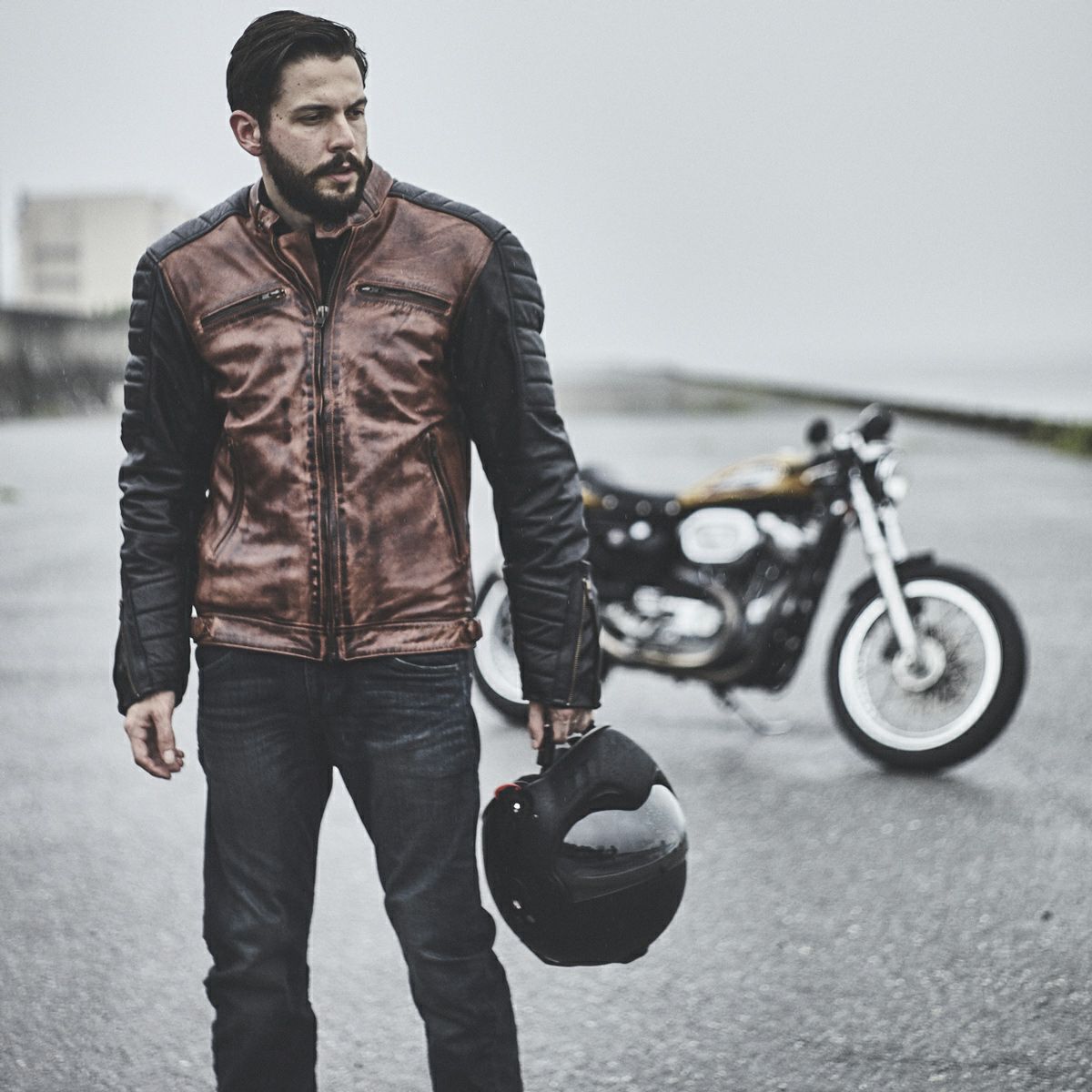 helstons｜クルーザー レザージャケット｜ブラウン×ブラック｜モデル着用