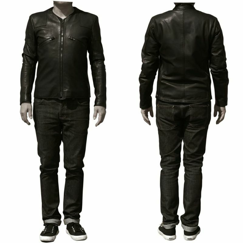 CRUFTER｜CR-MJ1N ノーカラー シングル ライダース｜レザー｜ブラック｜モデル着用