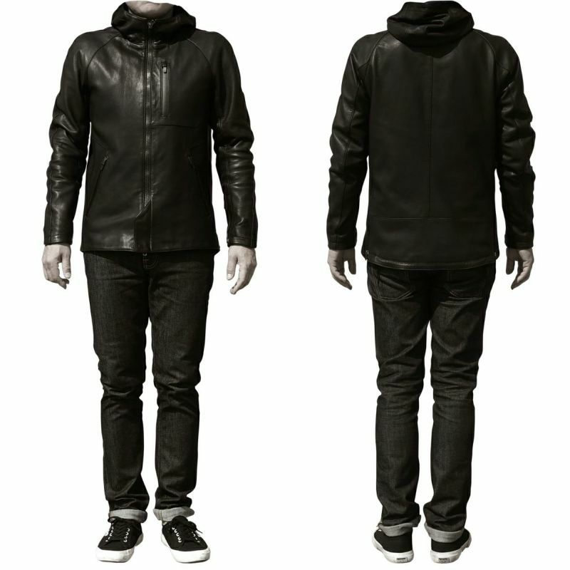 CRUFTER｜CR-MJ3 フーディ ジャケット｜レザー｜ブラック｜モデル着用