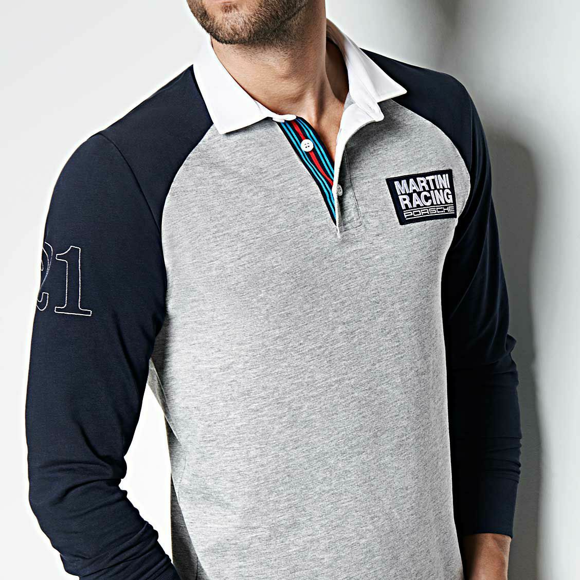 PORSCHE MARTINI RACING｜ロングスリーブ ラガーポロ｜ポロシャツ｜グレー×ネイビー｜モデル着用