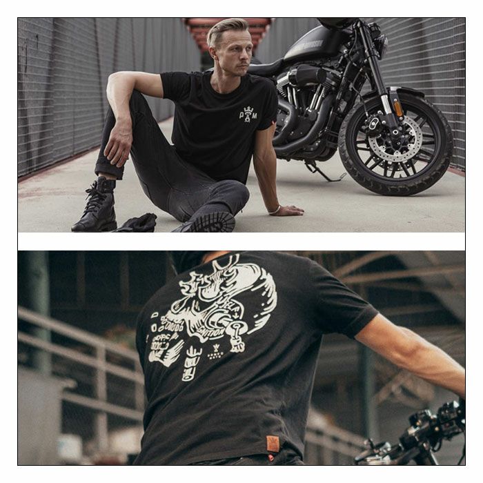 PANDO MOTO｜マイク イグニッション Tシャツ｜ブラック｜モデル着用