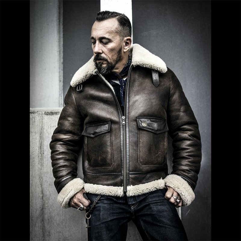 helstons｜サンダー ムートンジャケット｜レザー｜ブラウン｜モデル着用