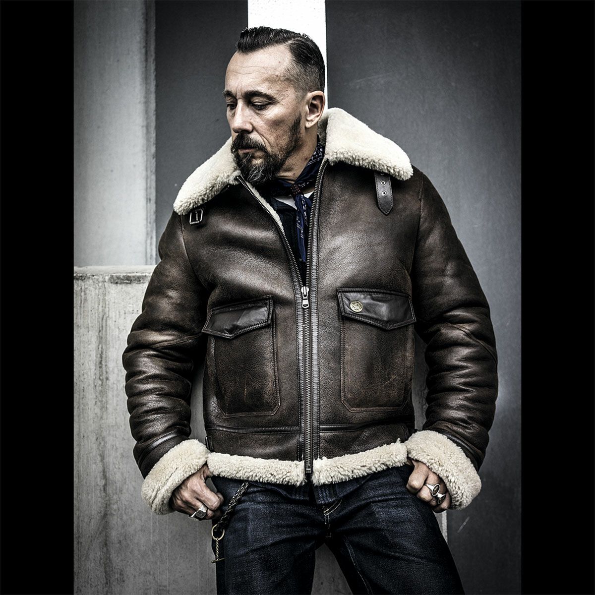 helstons｜サンダー ムートンジャケット｜レザー｜ブラウン｜モデル着用