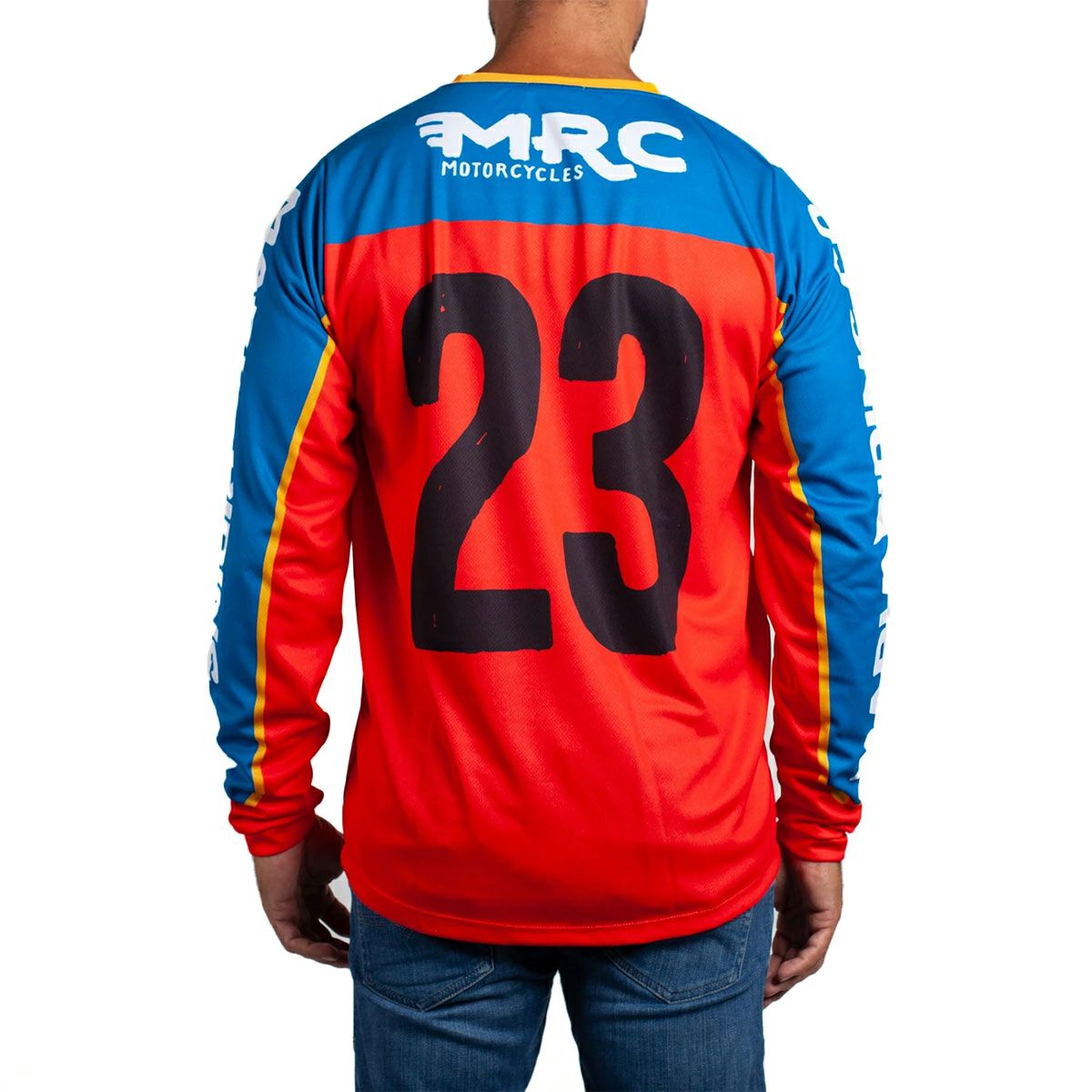 Maria Riding Company｜エニー サンデー マリア オフロード レーシング ジャージ｜MXジャージ｜ブルー×レッド｜モデル着用