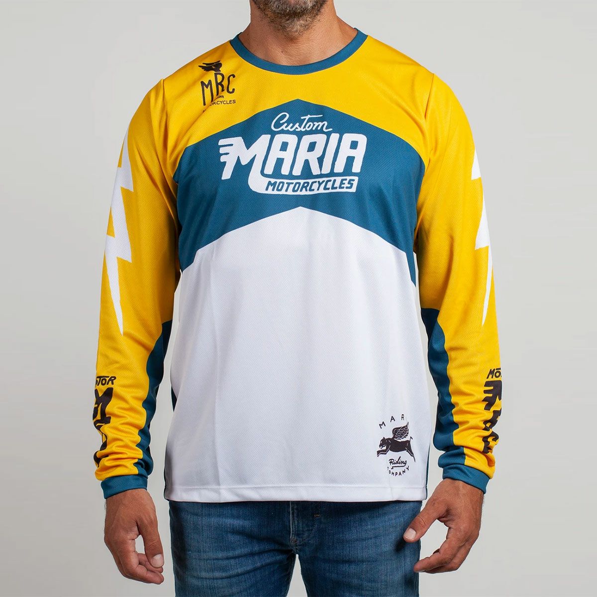 Maria Riding Company｜エレトリカ マリア オフロード レーシング ジャージ｜MXジャージ｜イエロー×ブルー×ホワイト｜モデル着用