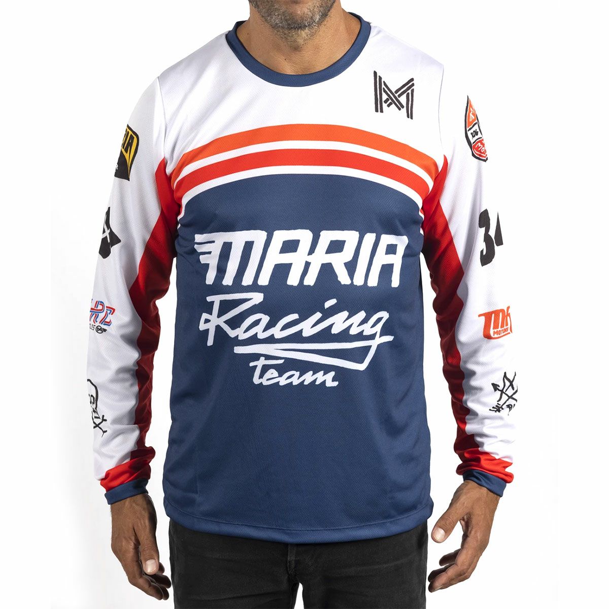 Maria Riding Company｜スーパー ライダー マリア オフロード レーシング ジャージ｜MXジャージ｜レッド×ブルー×ホワイト｜モデル着用