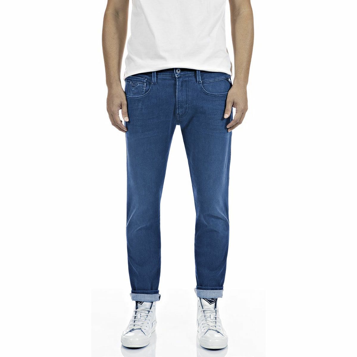 Replay｜チェイン ジーンズ｜デニム｜ミディアムブルー｜モデル着用