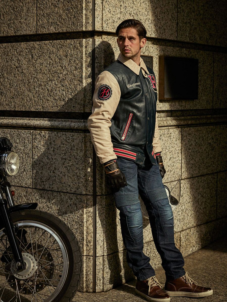 helstons｜シャイアン ラグ レザー ジャケット｜ネイビー×ベージュ｜モデル着用