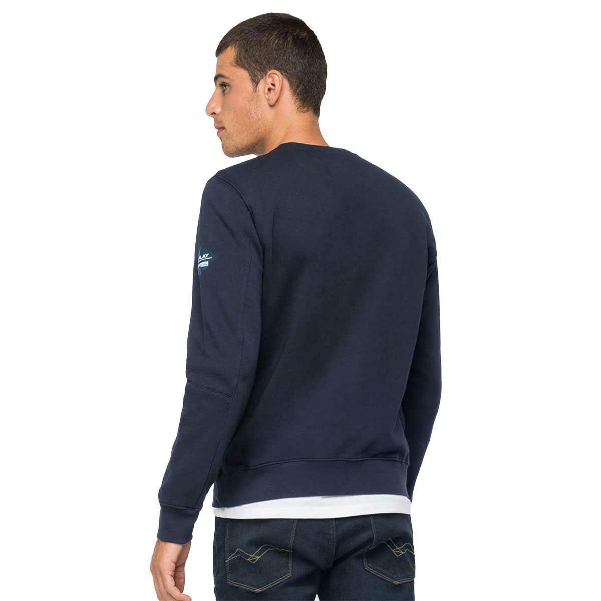 Replay｜クルーネック コットン スウェットシャツ｜ネイビーブルー｜モデル着用