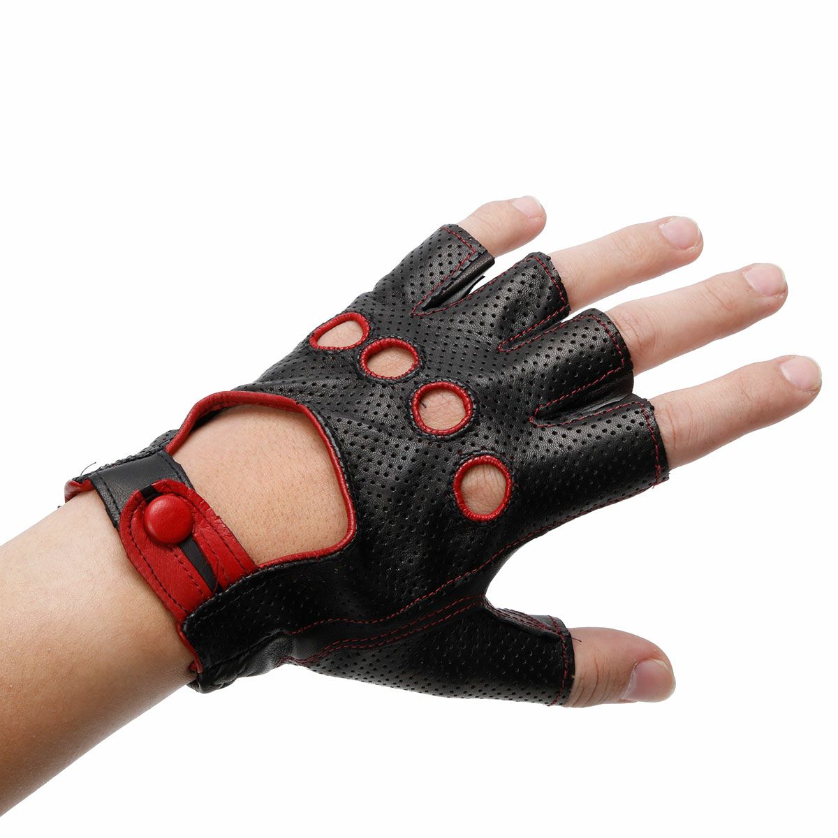 Motorimoda｜ナポリドライブ パンチングレザー｜ハーフ｜ブラック×レッド｜モデル着用