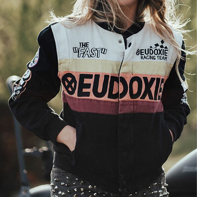 EUDOXIE｜テクニカル レーシング ジャケット｜ファブリック｜ブラック×オレンジ｜モデル着用