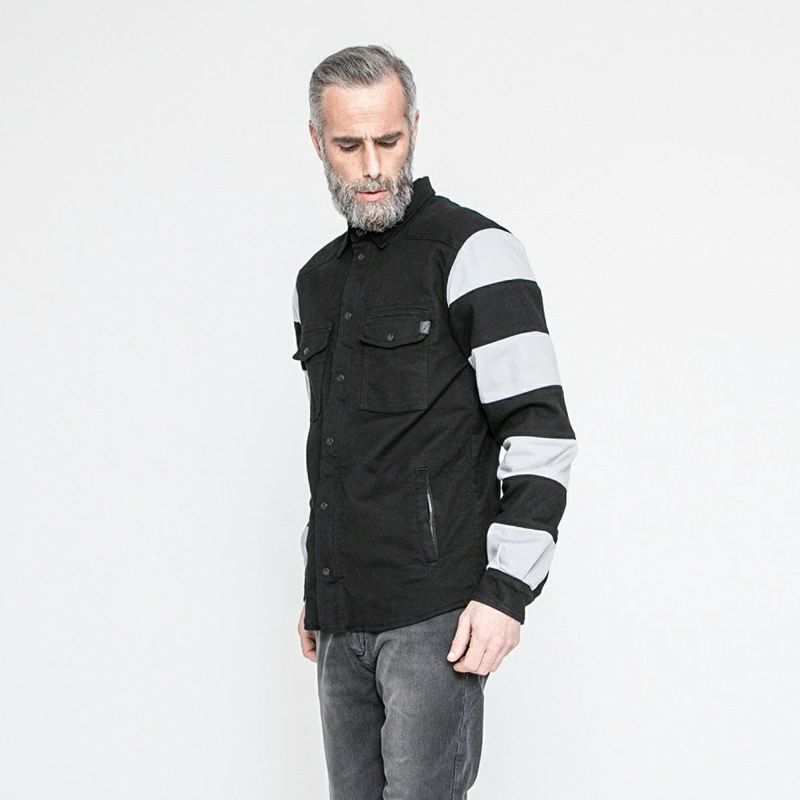 John Doe｜XTM モトシャツ プリズン｜ファブリック｜ブラック×ホワイト｜モデル着用