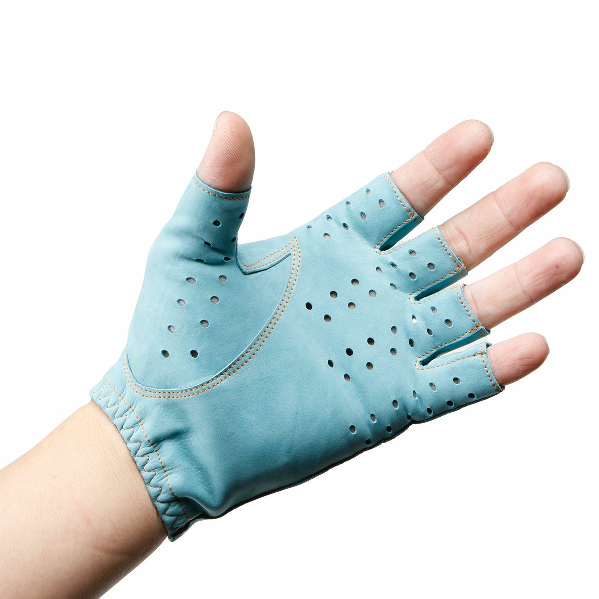 Alta Classe｜カウヌバック ドライビンググローブ｜ハーフ｜ブルー×グリーン｜モデル着用