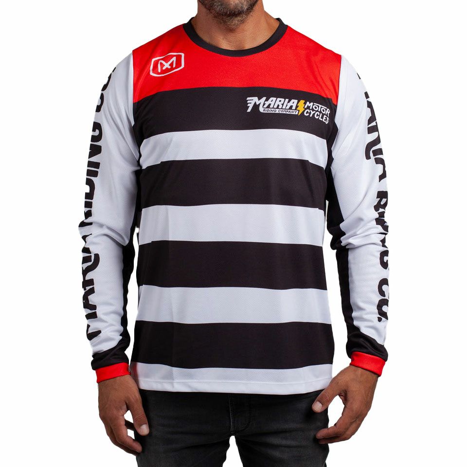 Maria Riding Company｜アウトロー マリア オフロード レーシング ジャージー｜MXジャージ｜ホワイト×ブラック×レッド｜モデル着用
