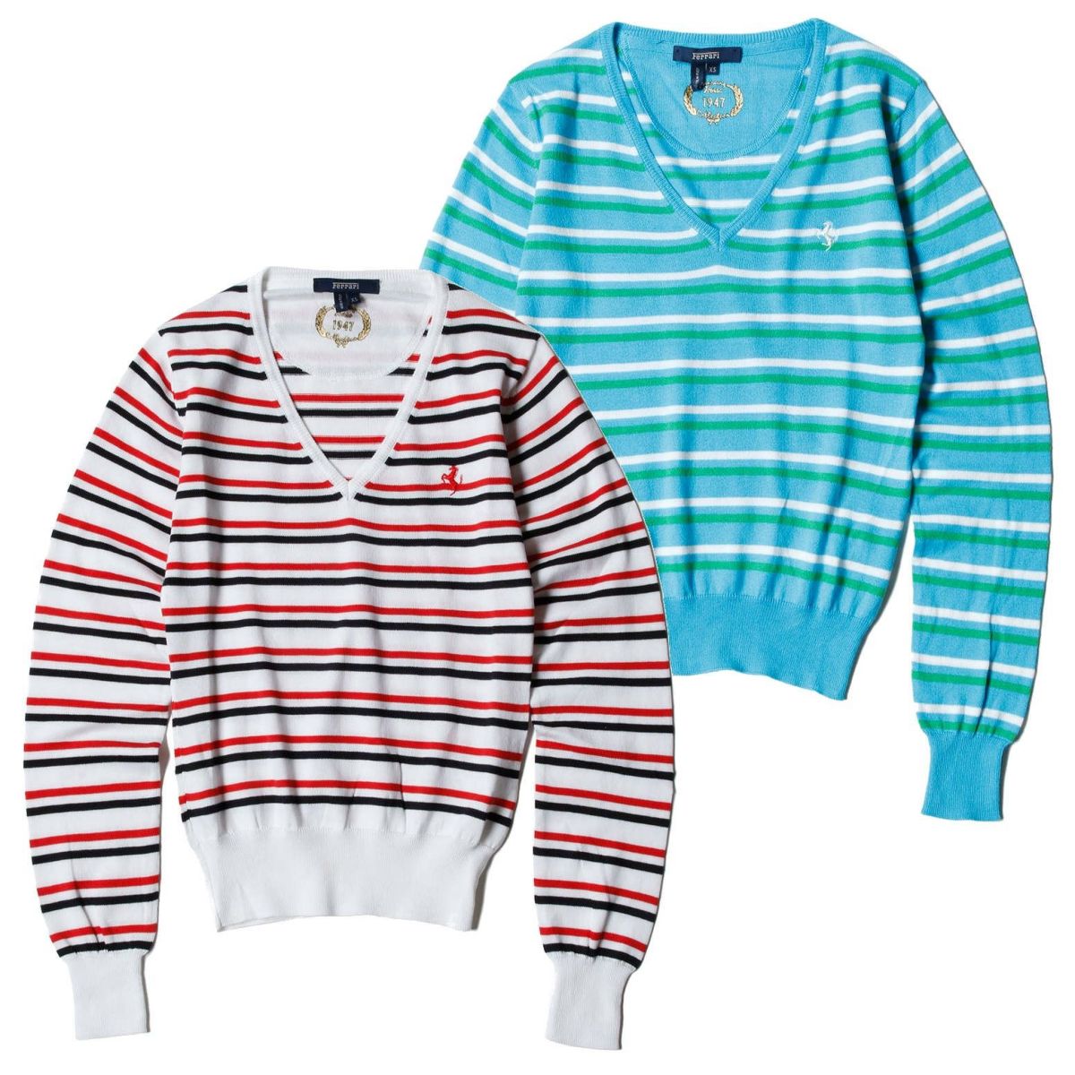 Ferrari｜フェラーリ ウィメンズ コットン Vネック ストライプド セーター｜ニット