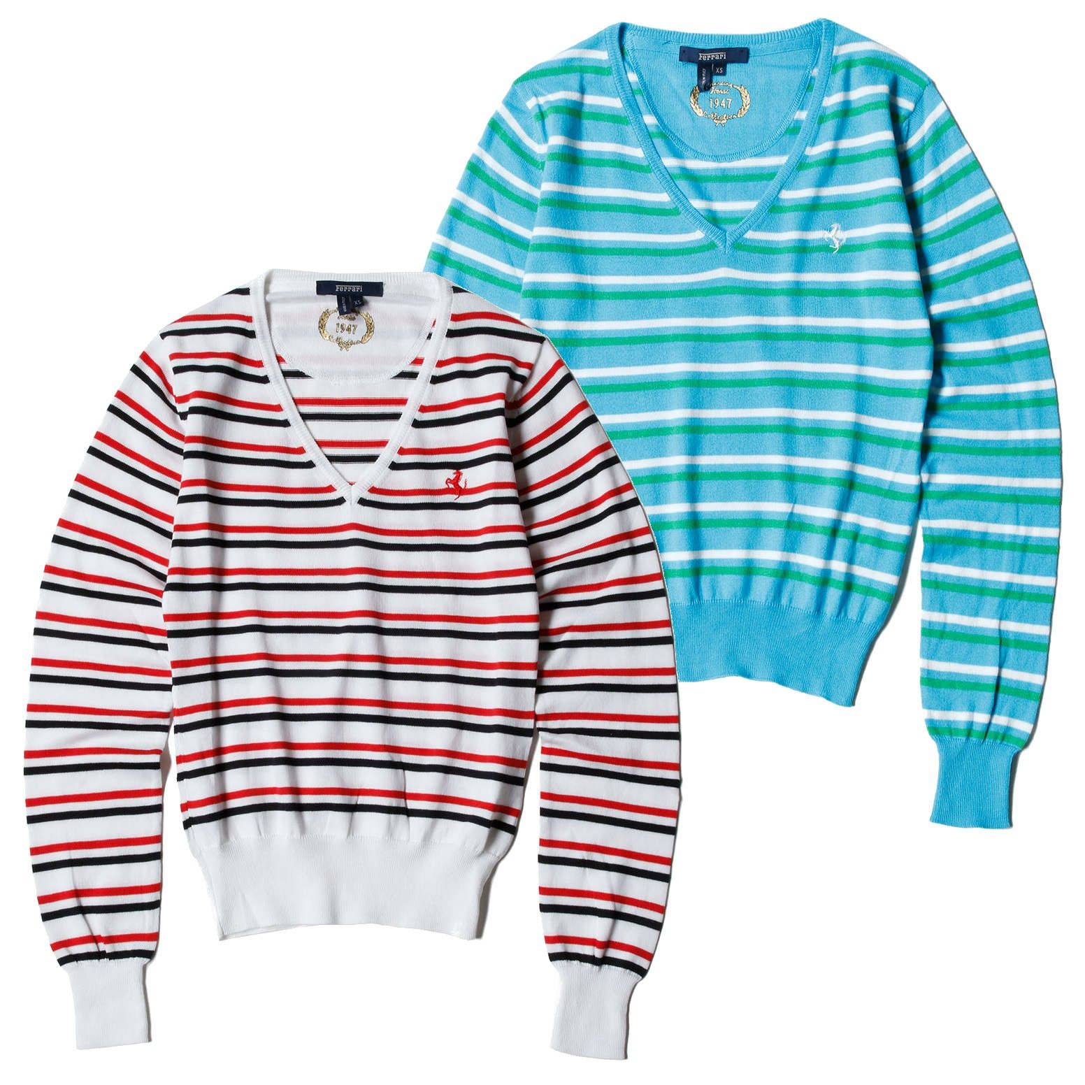 Ferrari｜フェラーリ ウィメンズ コットン Vネック ストライプド セーター｜ニット