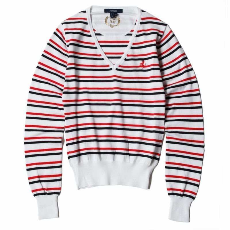 Ferrari｜フェラーリ ウィメンズ コットン Vネック ストライプド セーター｜ニット｜ホワイト
