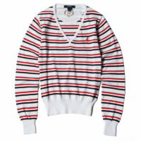 Ferrari｜フェラーリ ウィメンズ コットン Vネック ストライプド セーター｜ニット｜ホワイト