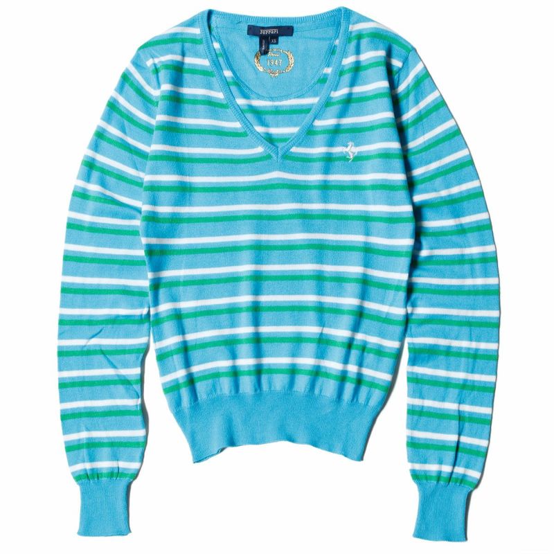 Ferrari｜フェラーリ ウィメンズ コットン Vネック ストライプド セーター｜ニット｜ターコイズ