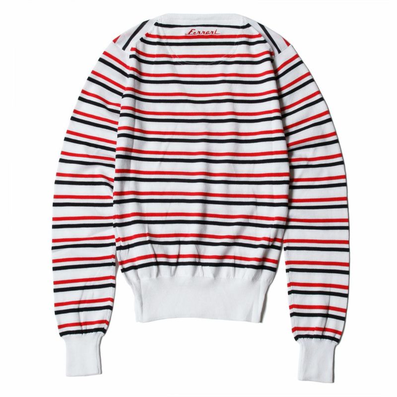 Ferrari｜フェラーリ ウィメンズ コットン Vネック ストライプド セーター｜ニット｜ホワイト