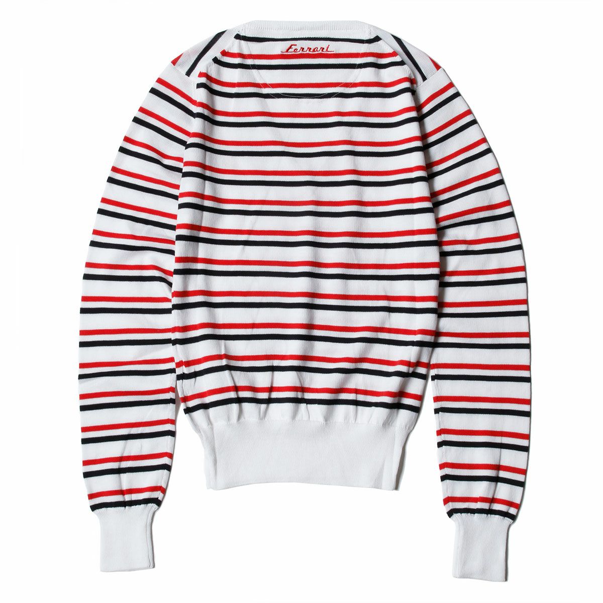 Ferrari｜フェラーリ ウィメンズ コットン Vネック ストライプド セーター｜ニット｜ホワイト