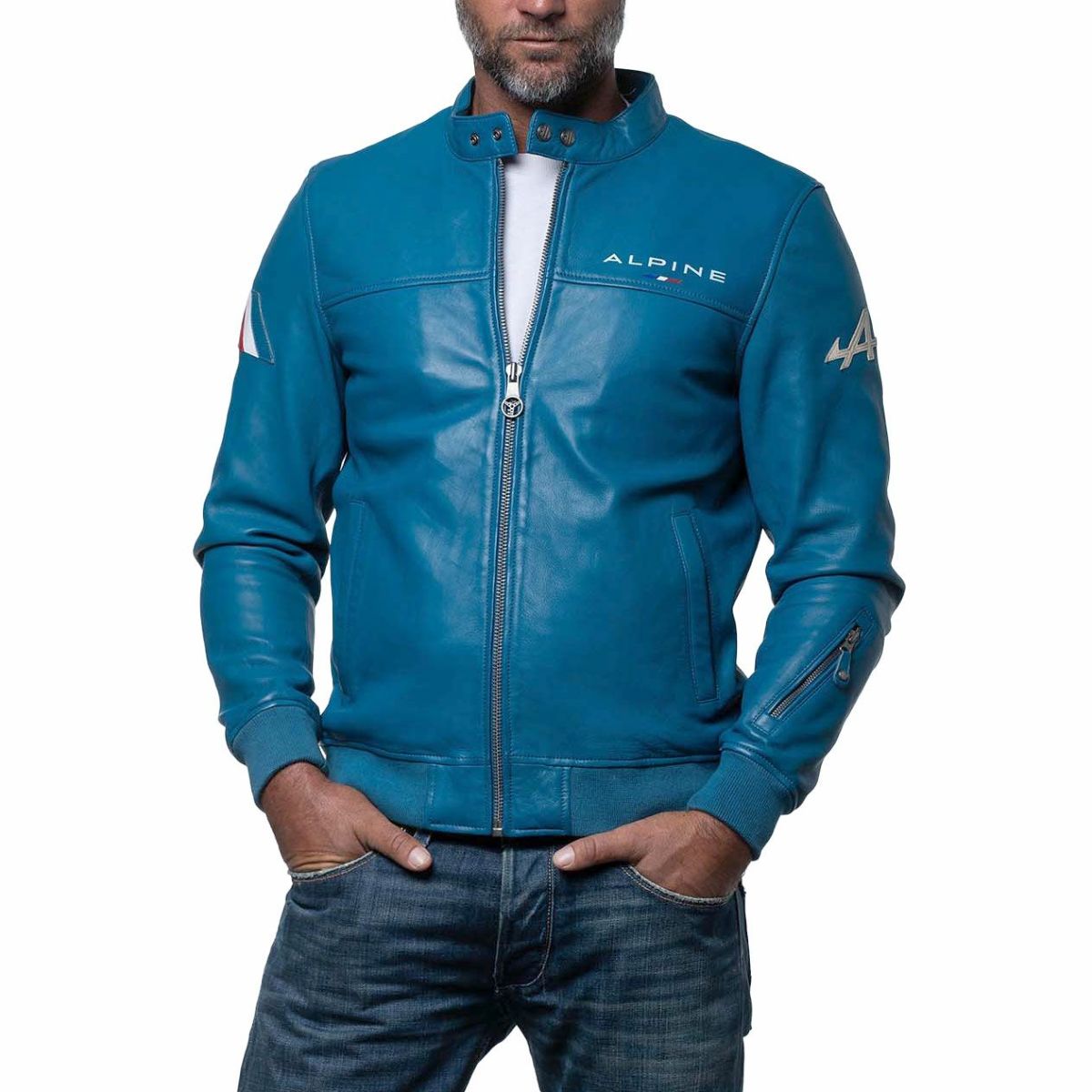 CLASSIC LEGEND MOTORS｜アルピーヌ JEAN レザージャケット｜アウター｜オーシャンブルー｜モデル着用