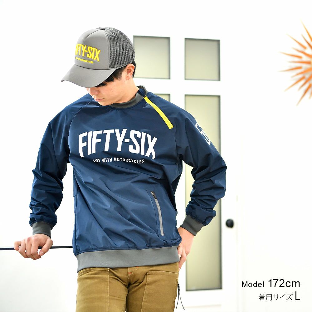 56design｜プルオーバー ジャケット｜ファブリック｜ネイビーブルー｜モデル着用