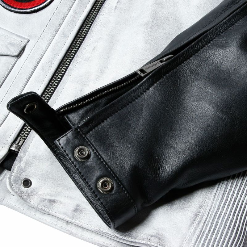 helstons｜トラッカー レザー ジャケット｜ホワイト×ブラック×レッド