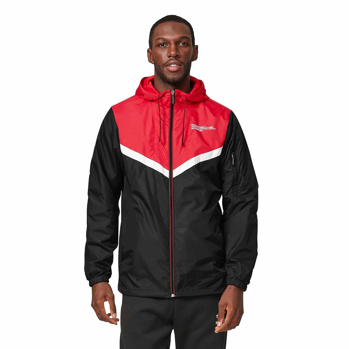PORSCHE｜ポルシェ モータースポーツ ウィンドブレーカー｜ブラック×レッド｜モデル着用