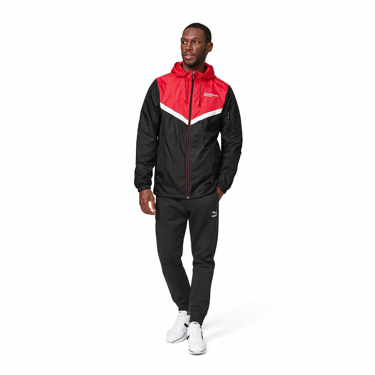 PORSCHE｜ポルシェ モータースポーツ ウィンドブレーカー｜ブラック×レッド｜モデル着用