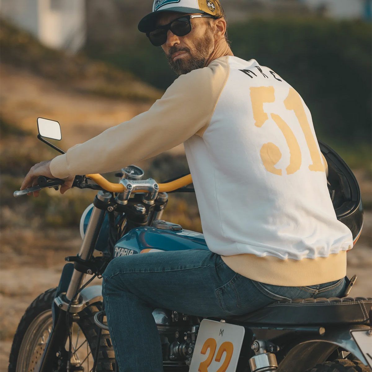 Maria Riding Company｜ドリフター サマー スウェットシャツ｜イエロー×ホワイト｜モデル着用