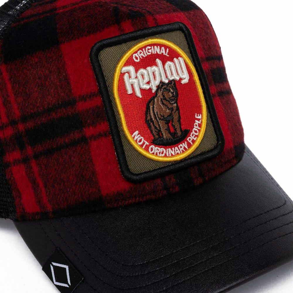 Replay｜ウール チェック パッチ キャップ｜帽子｜ブラック×ブラッドレッド