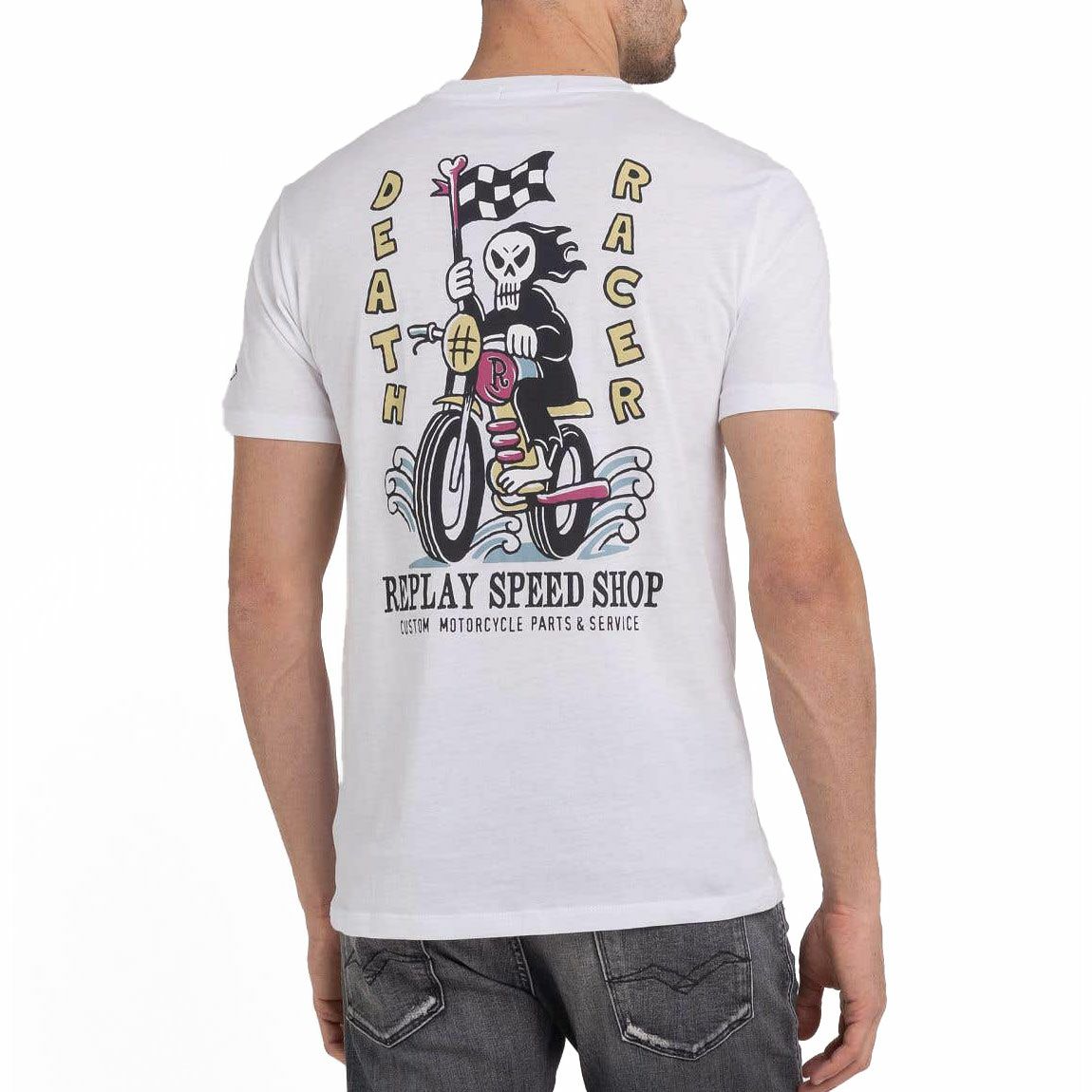 Replay｜レーサープリント Ｔシャツ｜ホワイト｜モデル着用