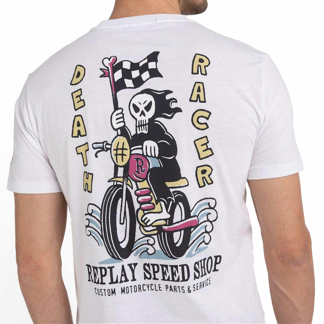 Replay｜レーサープリント Ｔシャツ｜ホワイト｜モデル着用