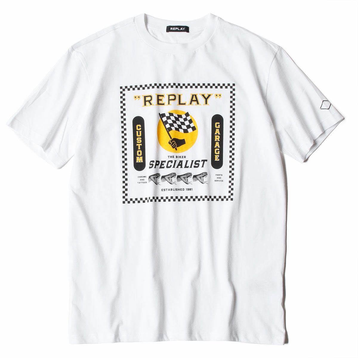 Replay｜バイカープリント クルーネック Tシャツ｜ホワイト