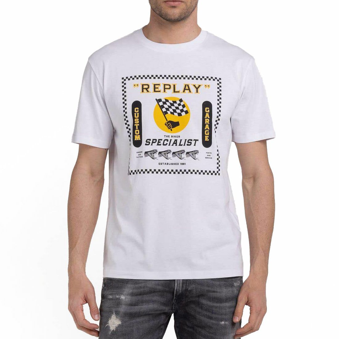 Replay｜バイカープリント クルーネック Tシャツ｜ホワイト｜モデル着用