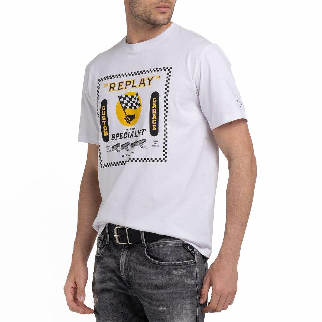 Replay｜バイカープリント クルーネック Tシャツ｜ホワイト｜モデル着用