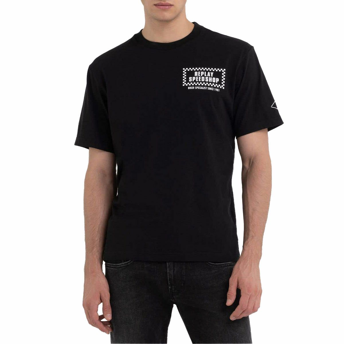 Replay｜バイカー プリント Ｔシャツ｜ブラック｜モデル着用