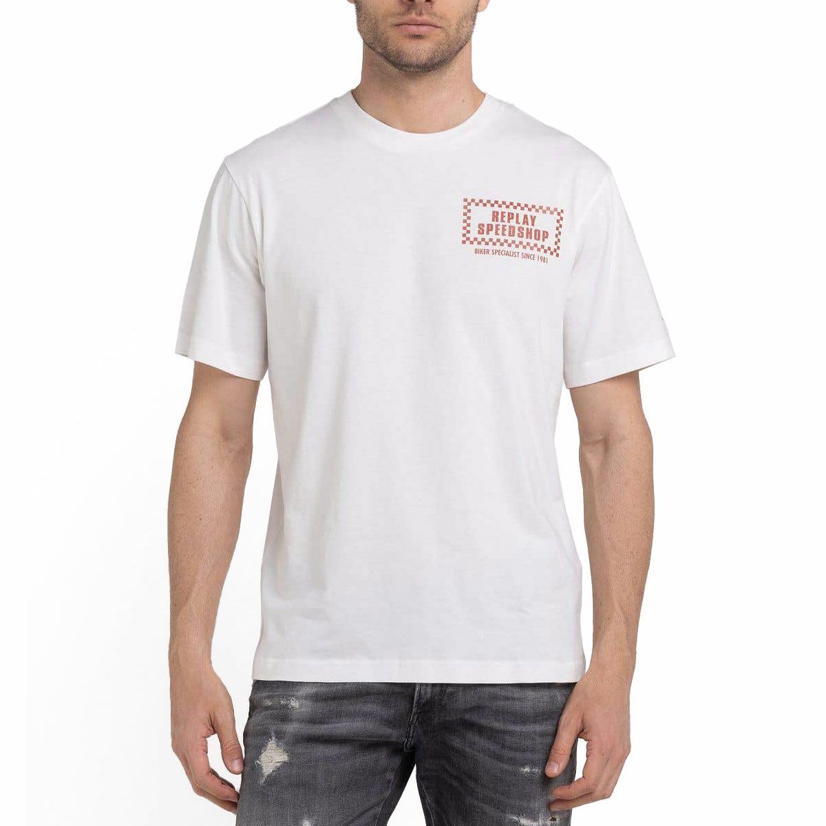 Replay｜バイカー プリント Ｔシャツ｜ホワイト｜モデル着用