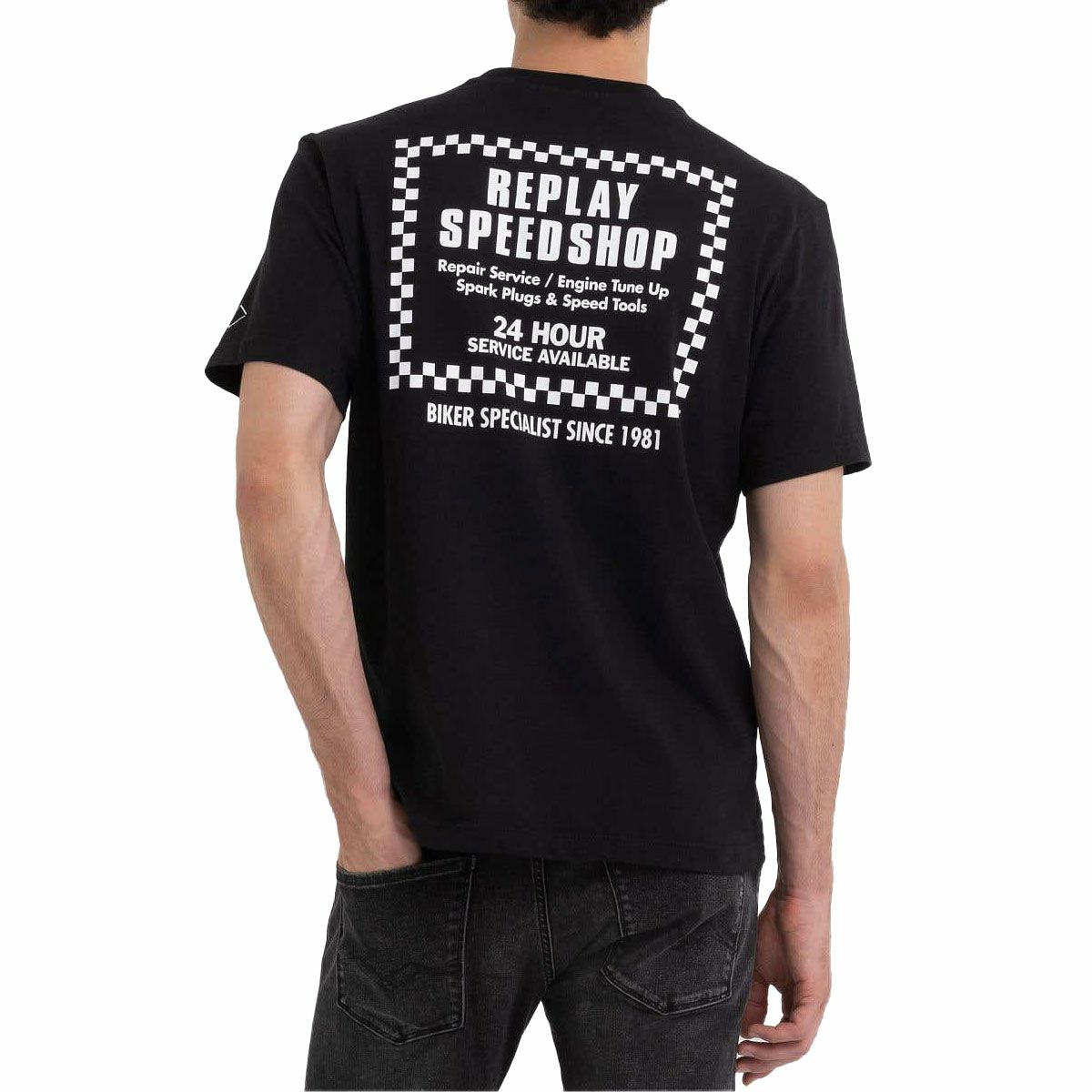 Replay｜バイカー プリント Ｔシャツ｜ブラック｜モデル着用