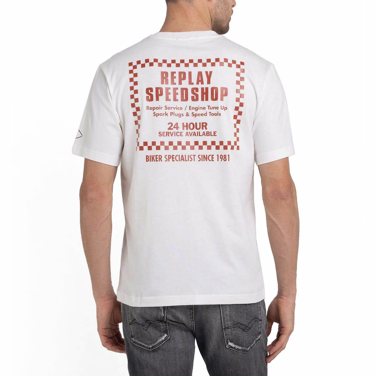 Replay｜バイカー プリント Ｔシャツ｜ホワイト｜モデル着用