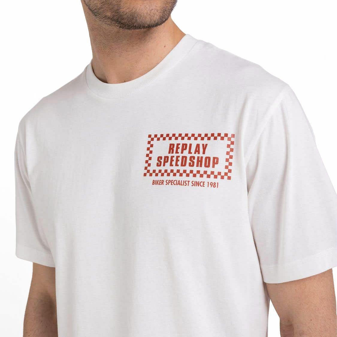 Replay｜バイカー プリント Ｔシャツ｜ホワイト｜モデル着用