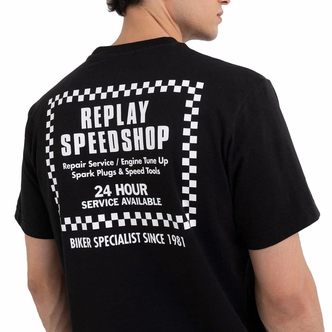 Replay｜バイカー プリント Ｔシャツ｜ブラック｜モデル着用