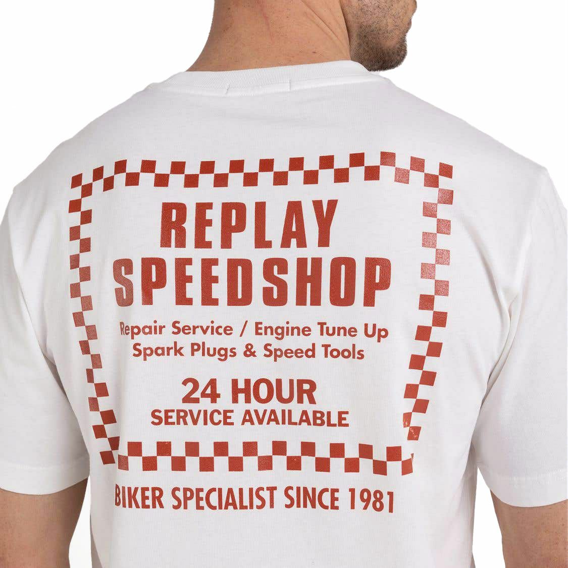 Replay｜バイカー プリント Ｔシャツ｜ホワイト｜モデル着用
