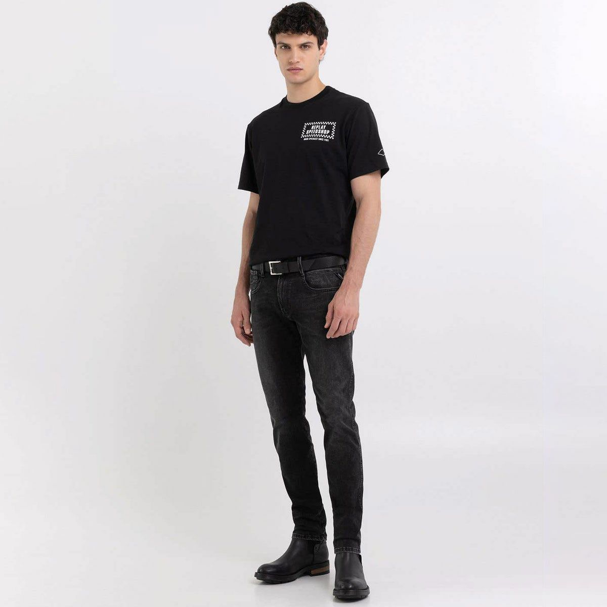 Replay｜バイカー プリント Ｔシャツ｜ブラック｜モデル着用