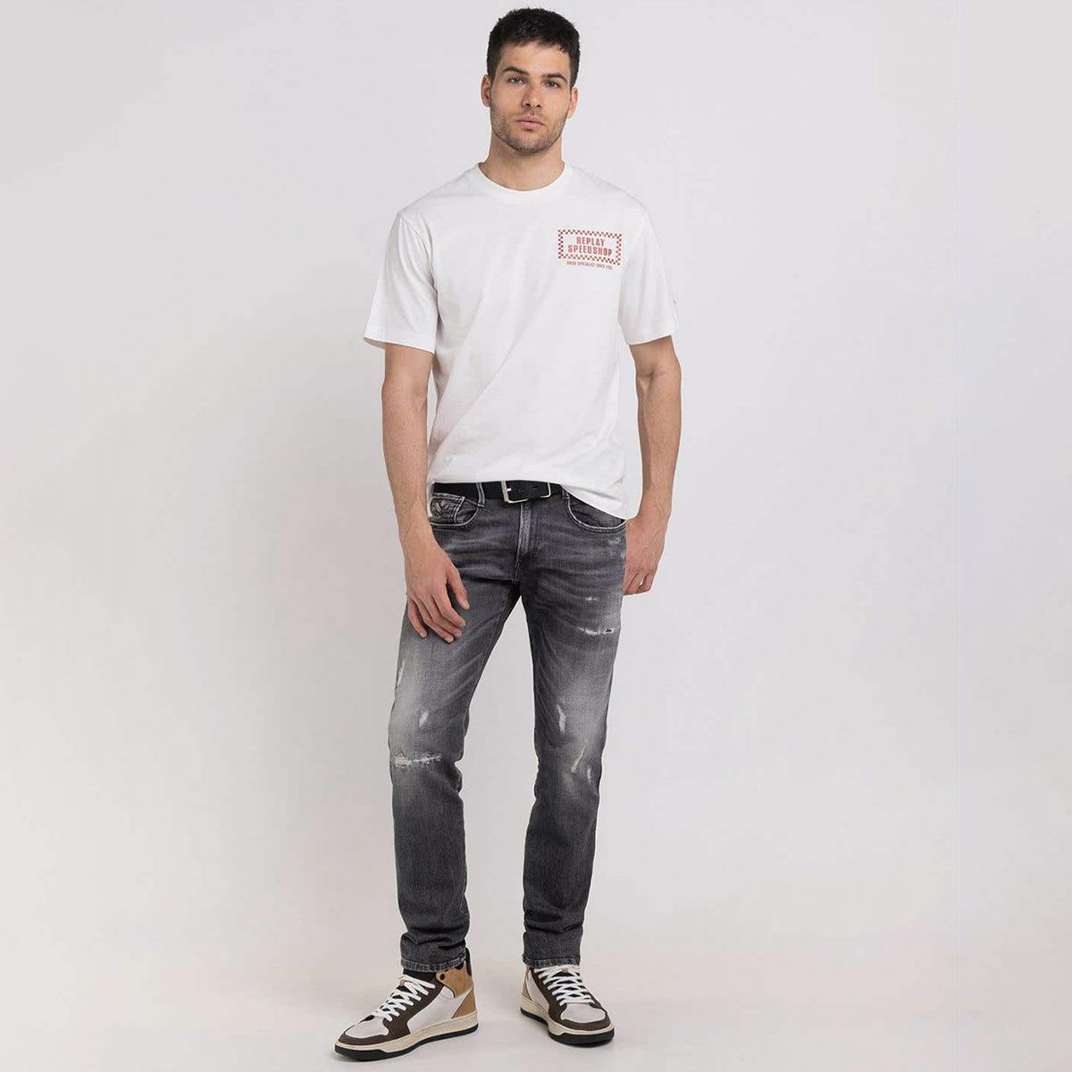 Replay｜バイカー プリント Ｔシャツ｜ホワイト｜モデル着用