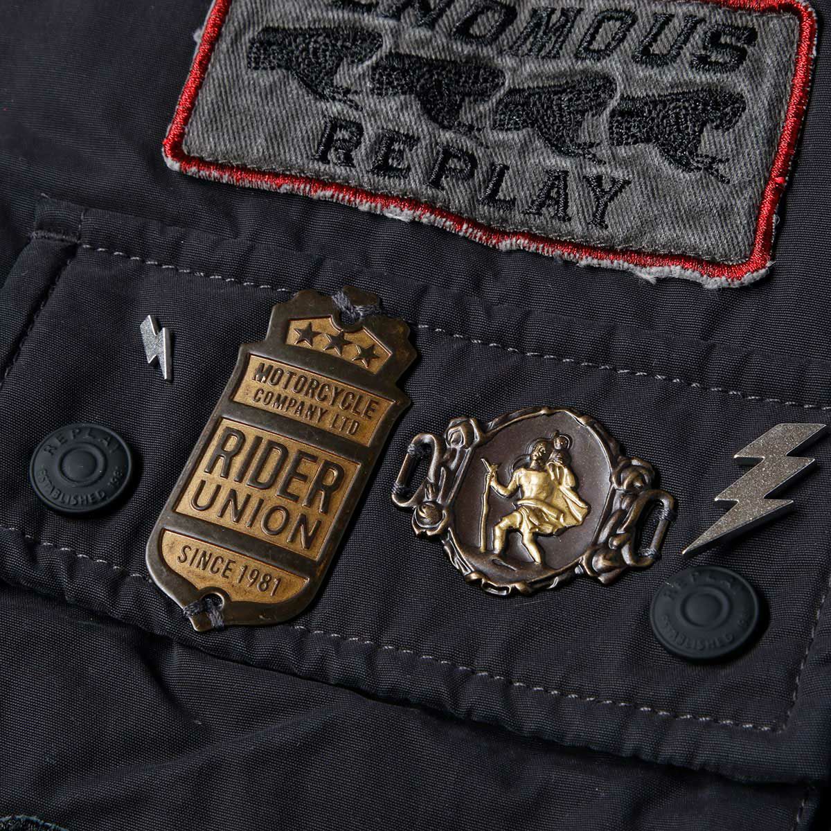 Replay｜ワックスドナイロン ライダーズパッチ バイカージャケット｜ファブリック｜パイレーツブラック